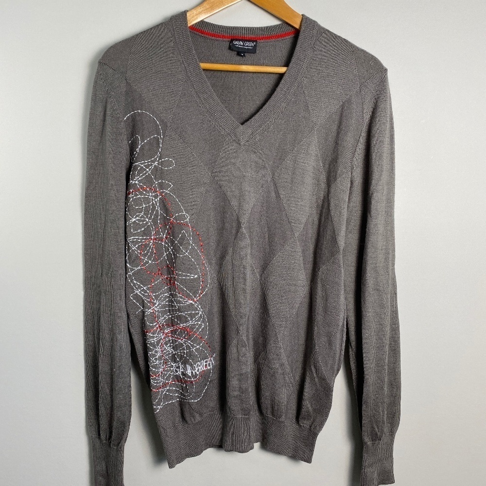 Galvin Green Men's‎ V-Neck Gray Wool Blend Fall Golf Sweater Medium Diamond